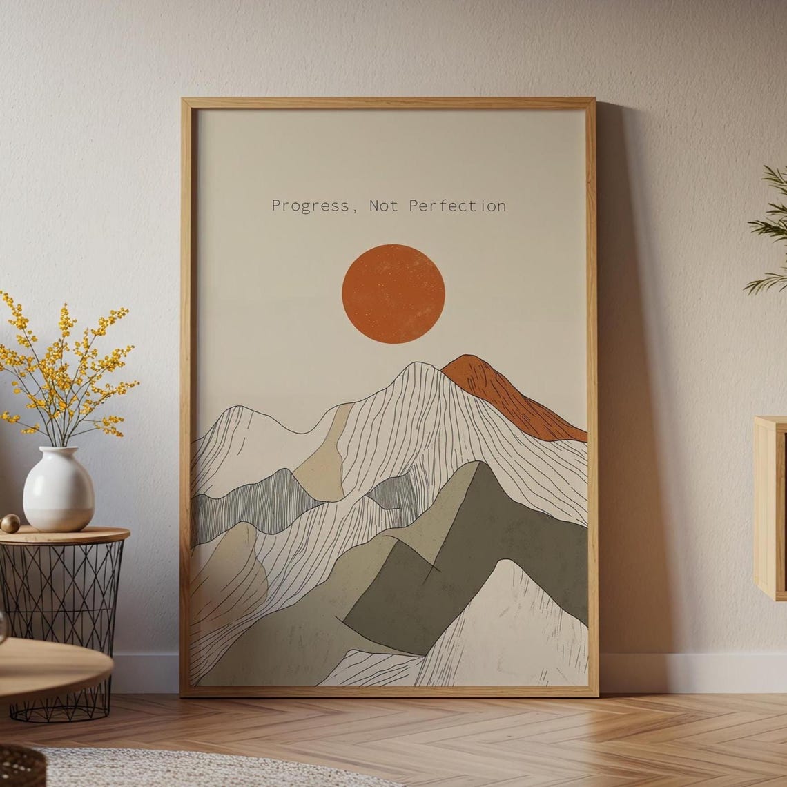 Progress Not Perfection Quote Mountain Sun Minimalist Inspire Poster