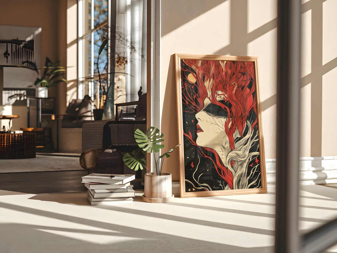 Surreal Woman Red Branch Hair Closed Eyes Gothic Portrait Art Poster - Image 5