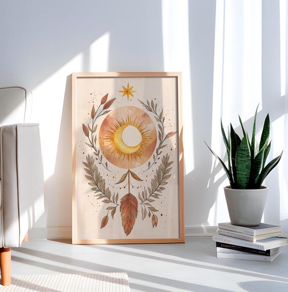 Celestial Sun Art Print Boho Mystic Wall Moon Decor