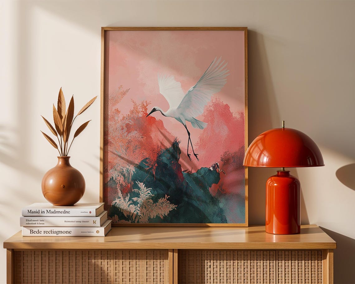 White Crane Flight Pink Watercolor Elegant Bird Art Wall Poster - Image 2