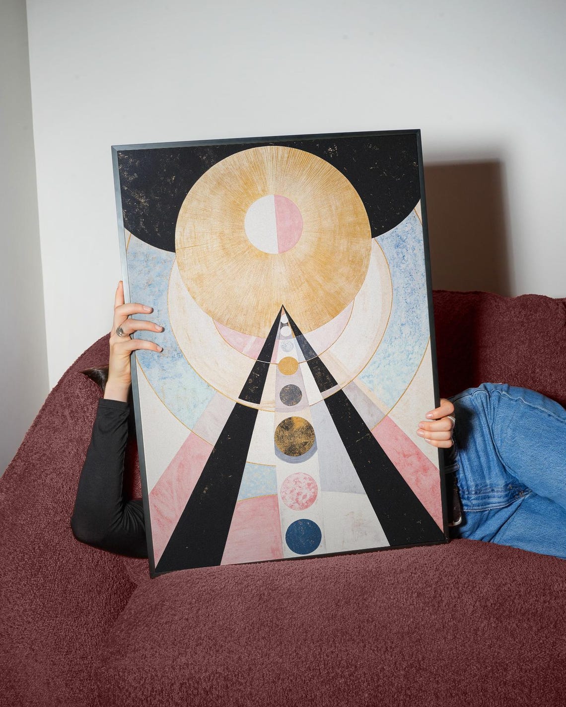 Celestial Sun Disc over Black Pyramid with Moon Phases Art Poster - Image 4