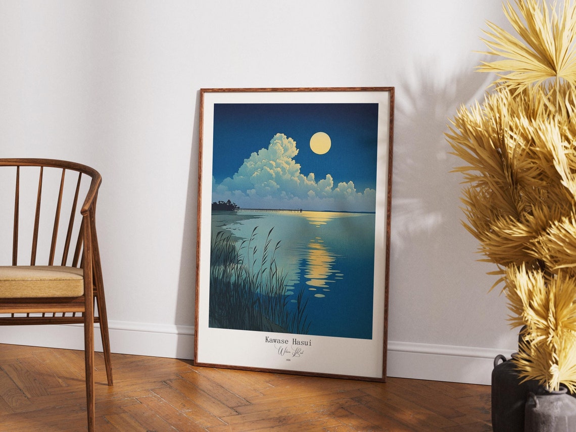Kawase Hasui Moonlit Lake Reeds Night Cloud 1928 Woodblock Poster