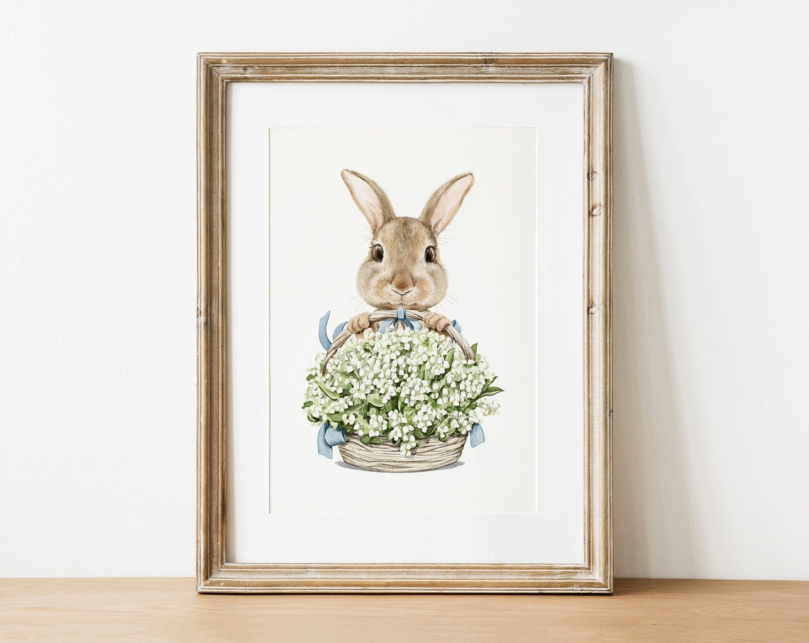 Easter Bunny Watercolor Basket of White Spring Flowers Wall Print