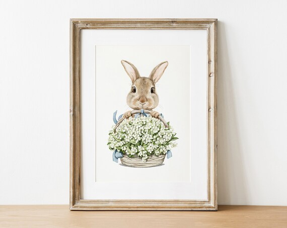 Easter Bunny Watercolor Basket of White Spring Flowers Wall Print