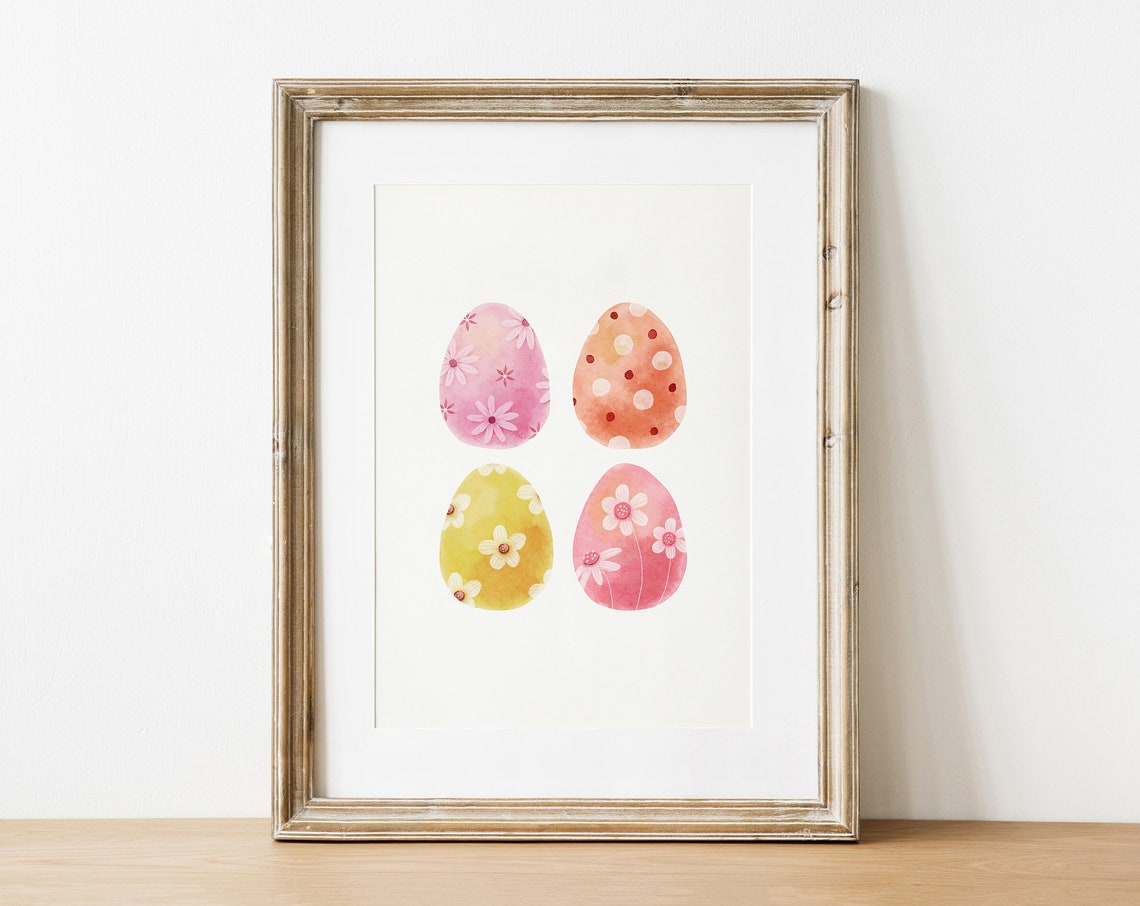 Four Watercolor Easter Eggs Pastel Spring Floral Pattern Print