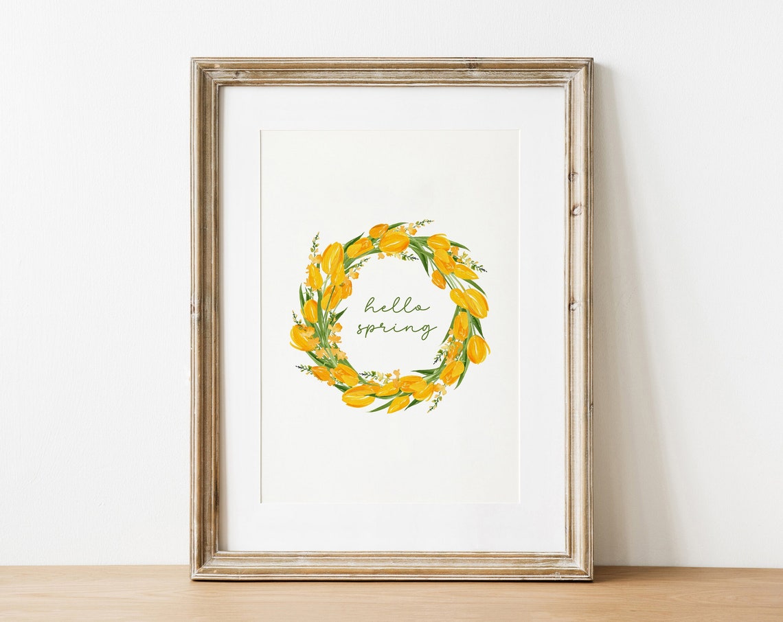 Hello Spring Yellow Tulip Wreath Watercolor Easter Floral Art Poster - Image 4