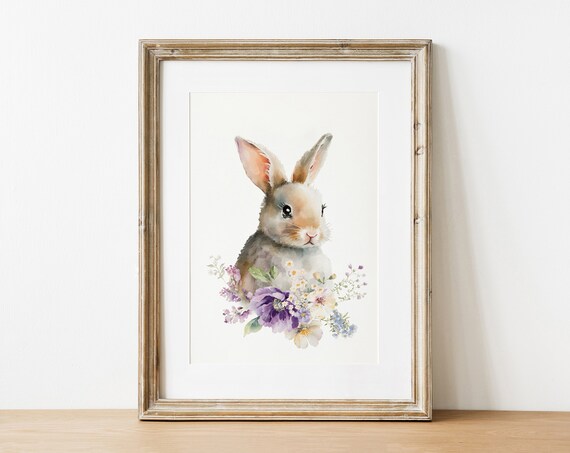 Watercolor Bunny Rabbit with Flowers Easter Spring Nursery Art Print