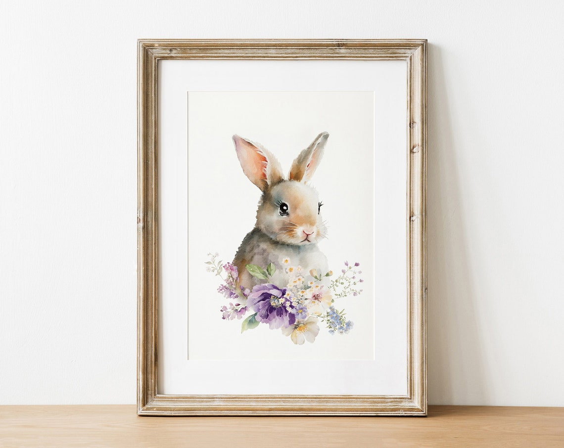 Watercolor Bunny Rabbit with Flowers Easter Spring Nursery Art Print