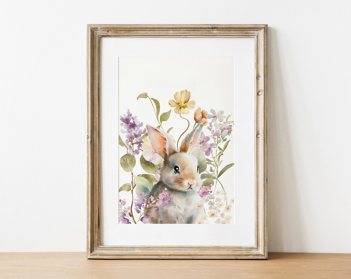 Watercolor Bunny Rabbit Spring Wildflowers Easter Nursery Poster