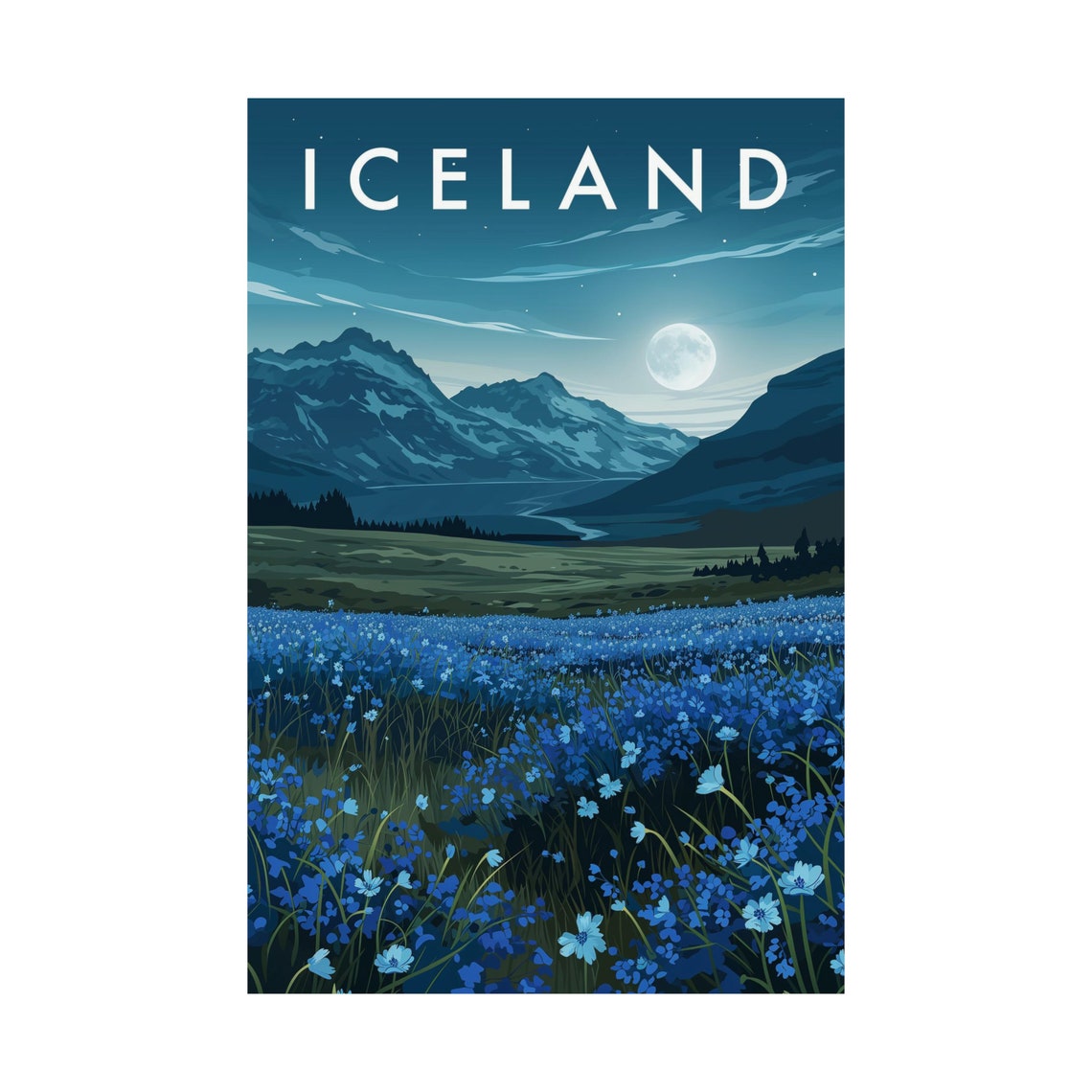 Iceland Moonlit Mountains Blue Wildflower Field Nordic Travel Poster