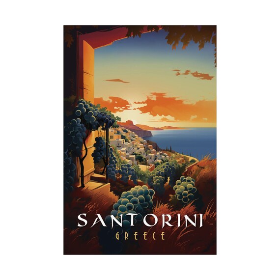 Santorini Greece Travel Poster Vineyard View Retro Wall Art