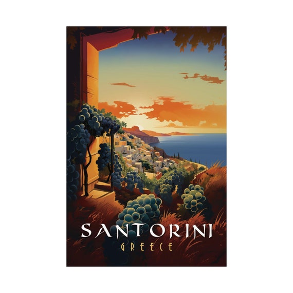 Santorini Greece Vineyard Sunset Poster Aegean Island Travel Art