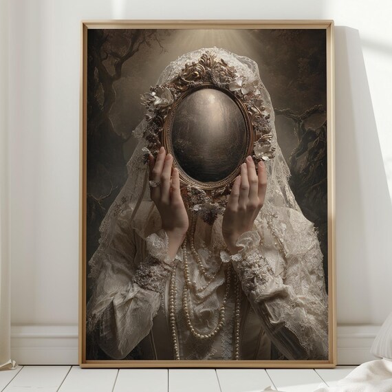 Gothic Mirror Portrait Haunting Veiled Lady Dark Forest Poster