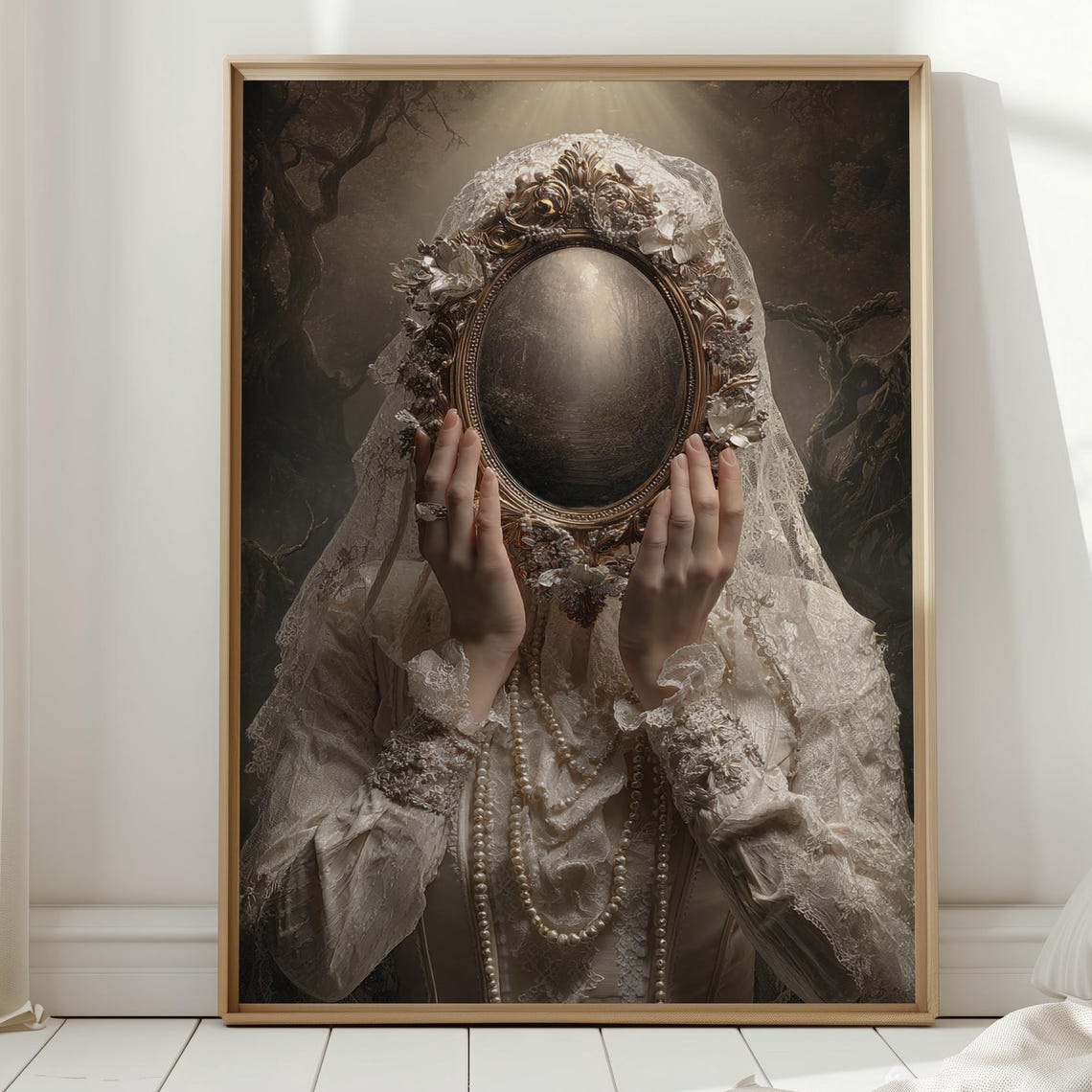Gothic Mirror Portrait Haunting Veiled Lady Dark Forest Poster