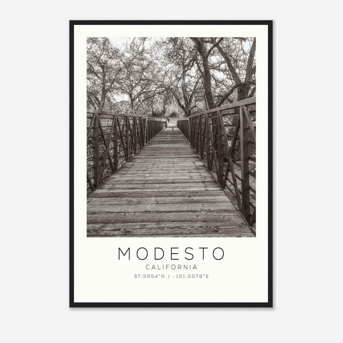 Modesto California Wooden Footbridge Trail Minimalist Travel Poster