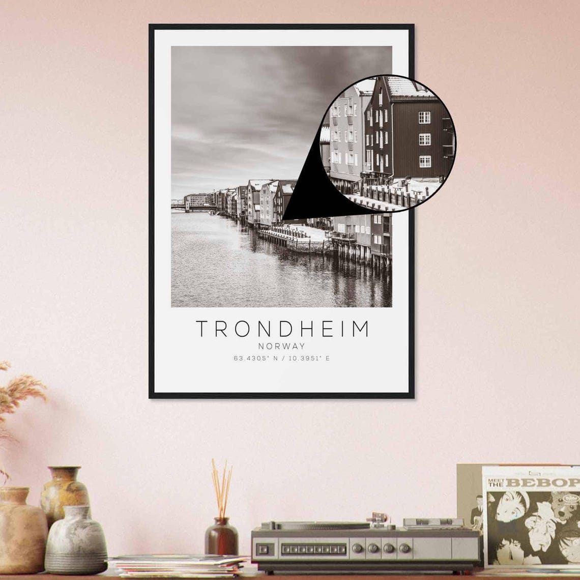 Trondheim Norway Old Wharves River Row Black and White Poster - Image 4