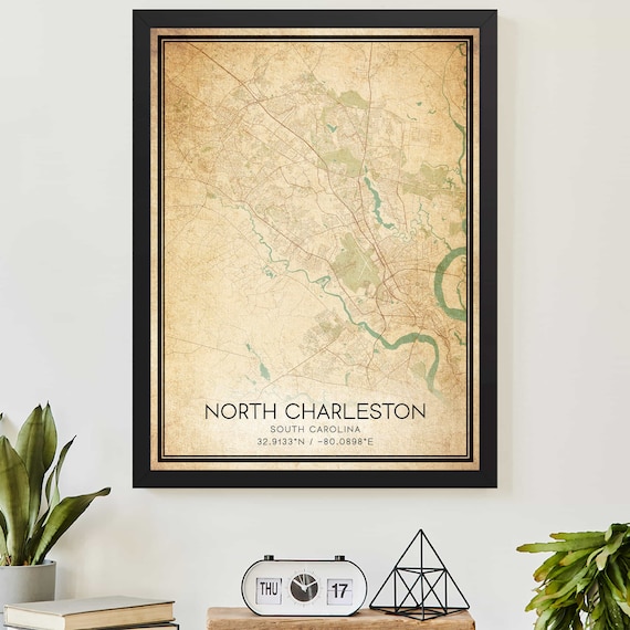 North Charleston South Carolina Vintage City Map Poster Wall Decor