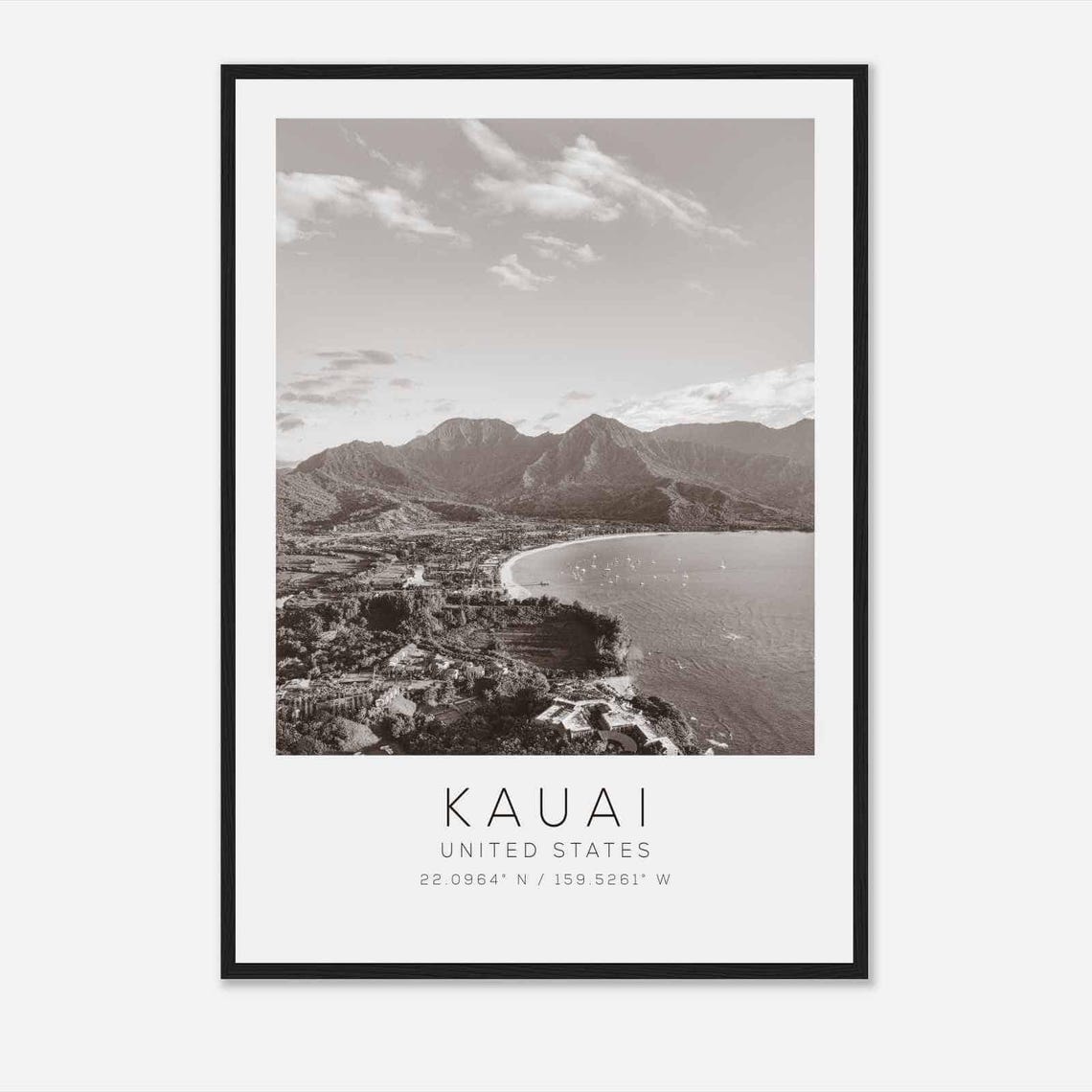 Kauai Hawaii Black White Bay Aerial Island Beach View Poster