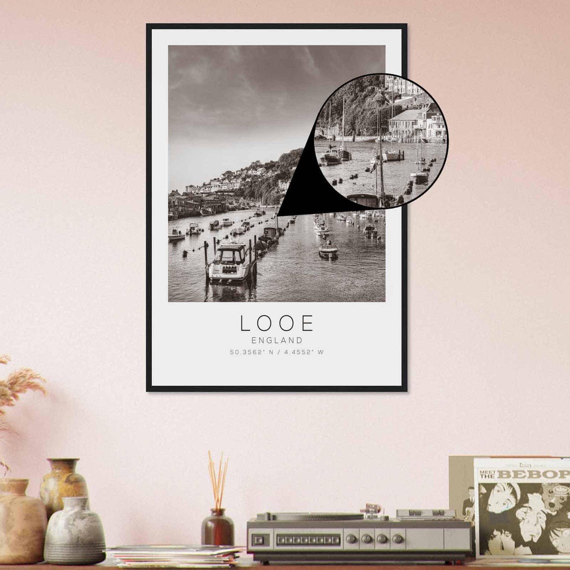 Looe England Coastal Fishing Harbor Boats Black White Photo Poster - Image 4