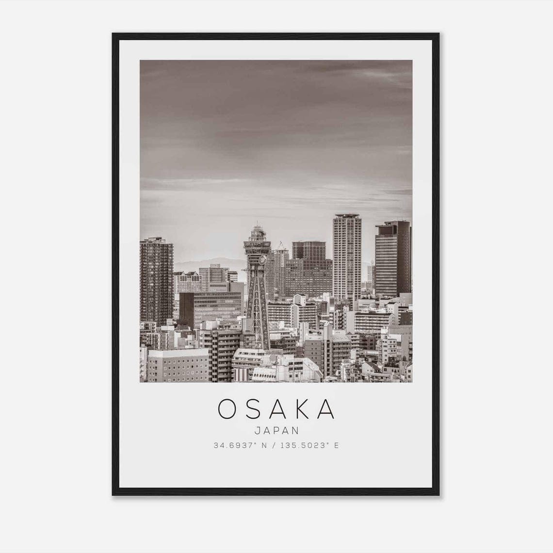 Osaka Japan Tower Skyline Cityscape Black White Photo Poster