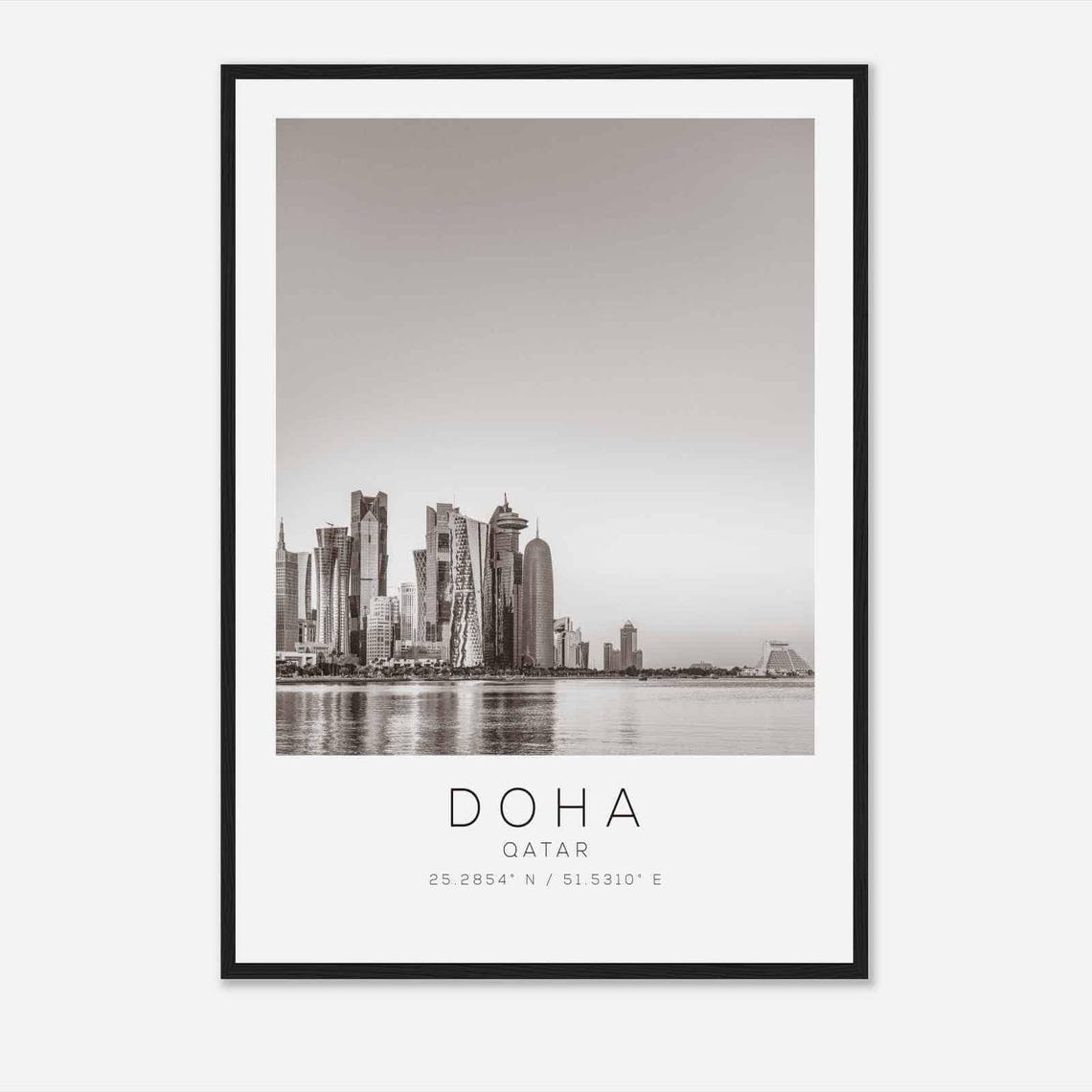Doha Qatar Black And White Waterfront Skyline Photography Poster