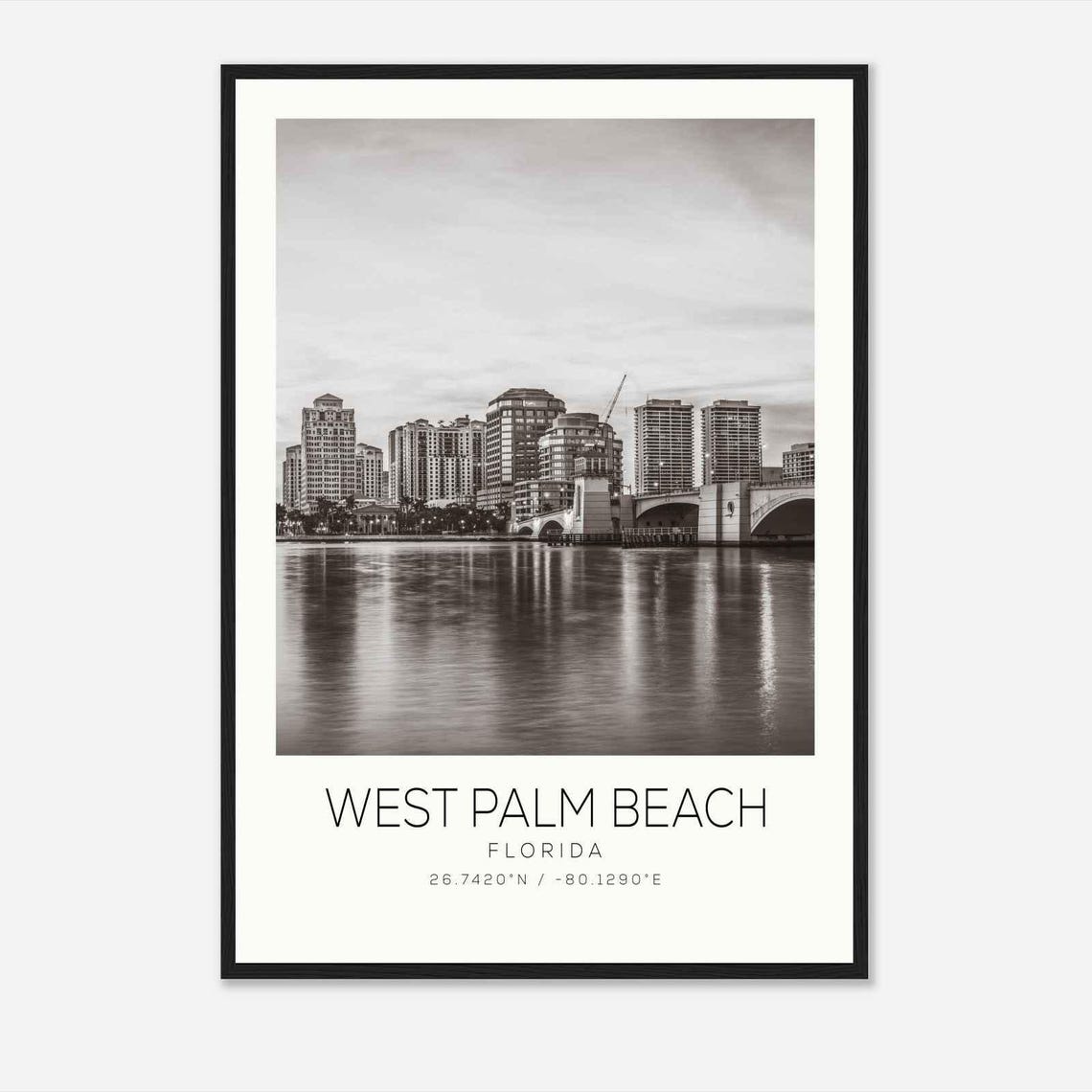 West Palm Beach Florida Skyline Bridge Water Reflection Travel Poster
