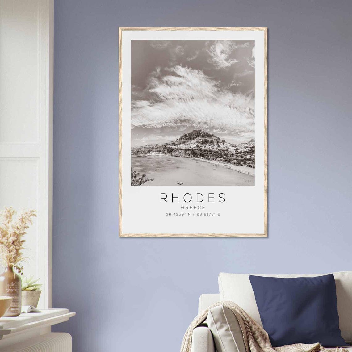 Rhodes Greece Black And White Beach And Hilltop Village Poster - Image 2