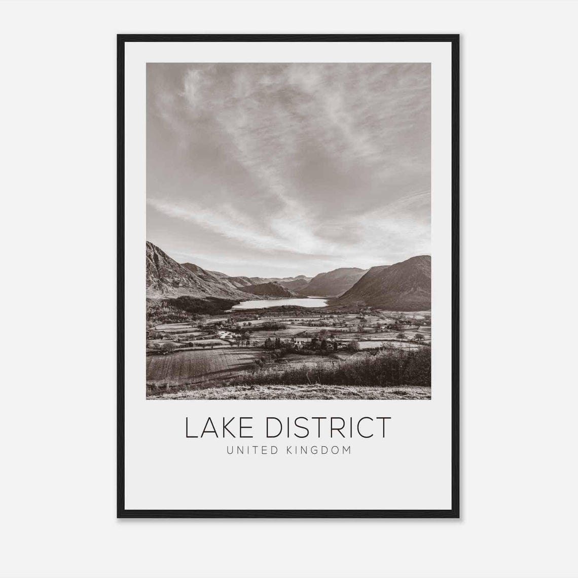 Lake District United Kingdom Black White Valley Lake Scenic Poster