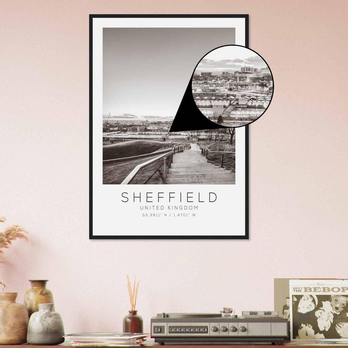 Sheffield UK City View Hill Steps Sunset Black and White Photo Poster - Image 4