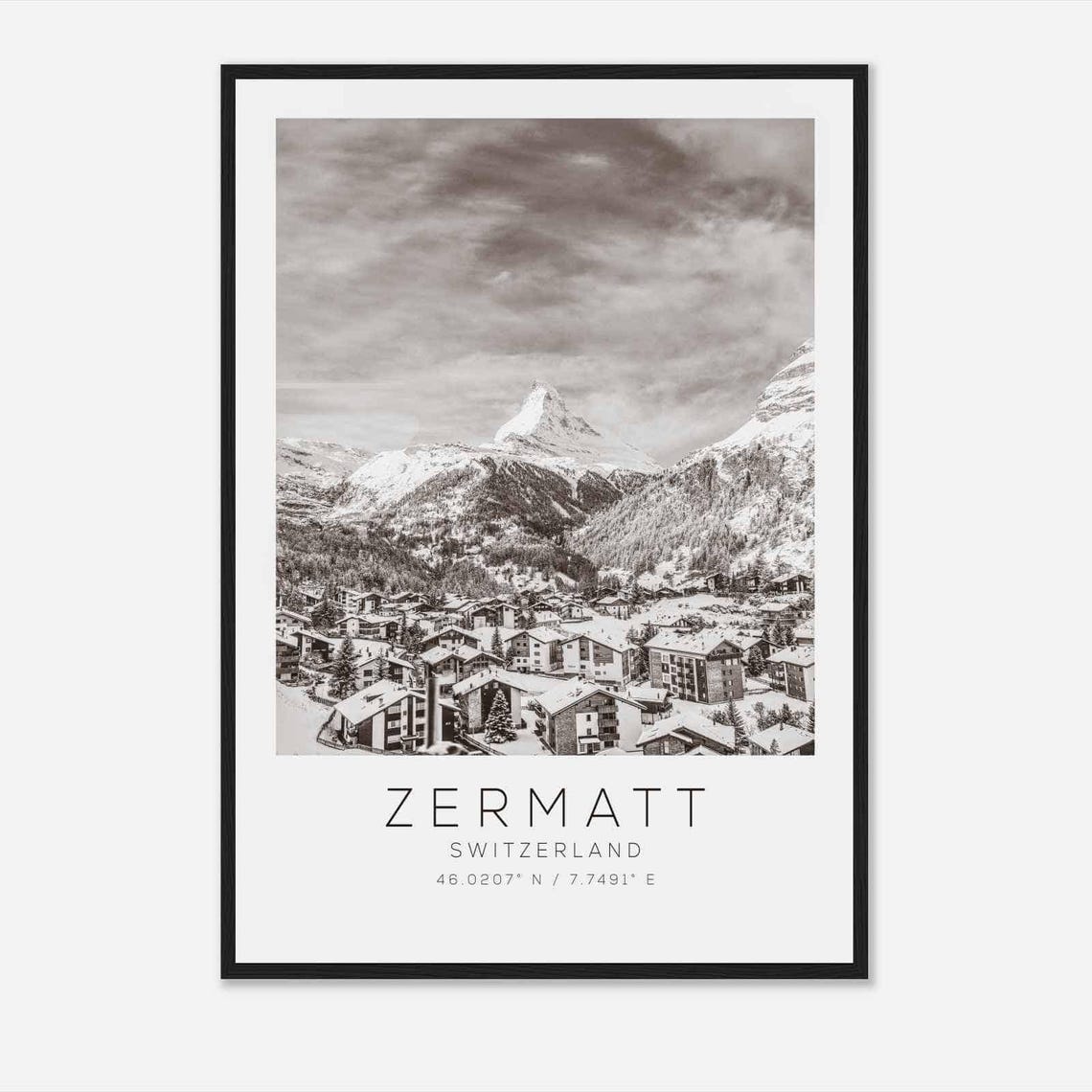 Zermatt Switzerland Matterhorn Village Black White Photo Poster