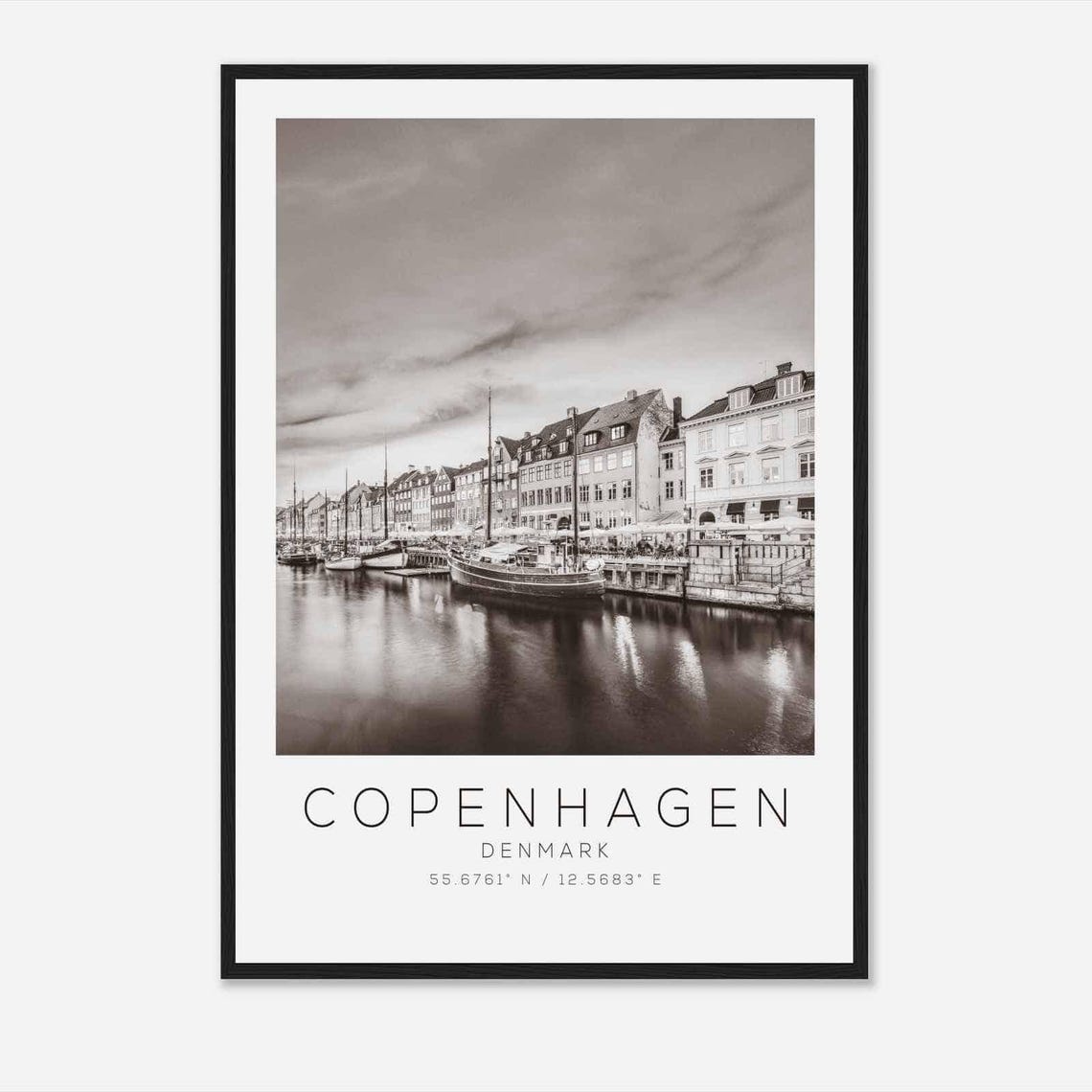Copenhagen Denmark Nyhavn Harbor Boats Black and White Travel Poster