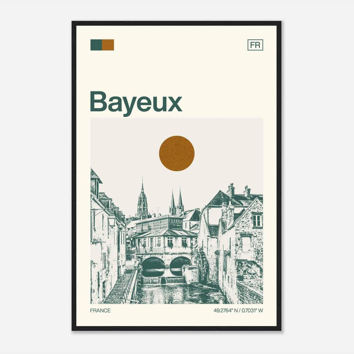 Bayeux France Cathedral Town River Bridge Minimalist Travel Poster