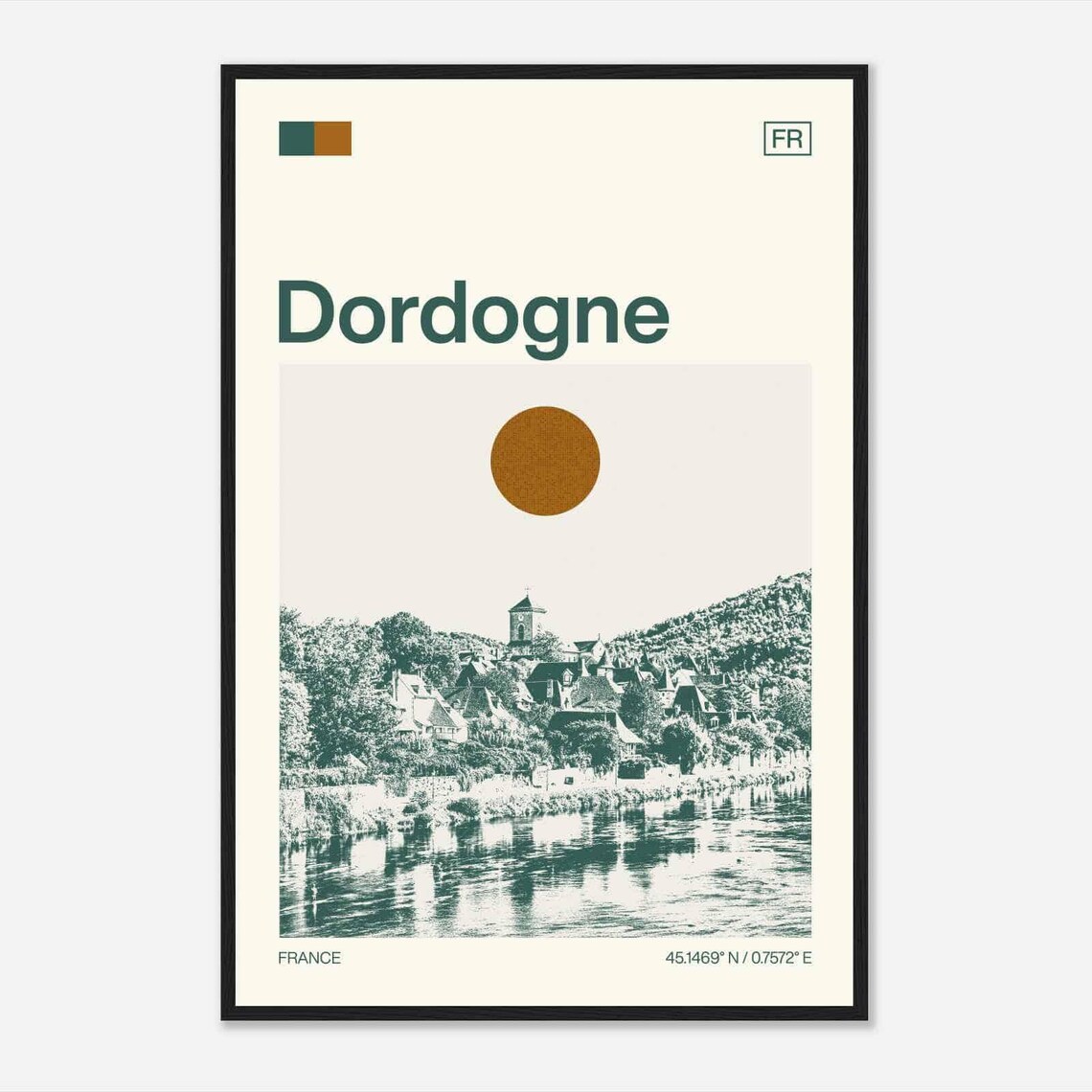 Dordogne France Riverside Village Church Minimalist Travel Poster