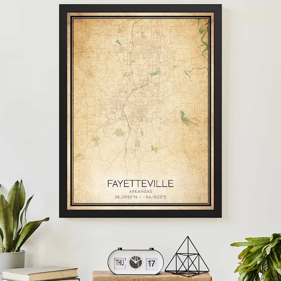 Vintage Fayetteville Arkansas City Map Poster With Coordinates Decor