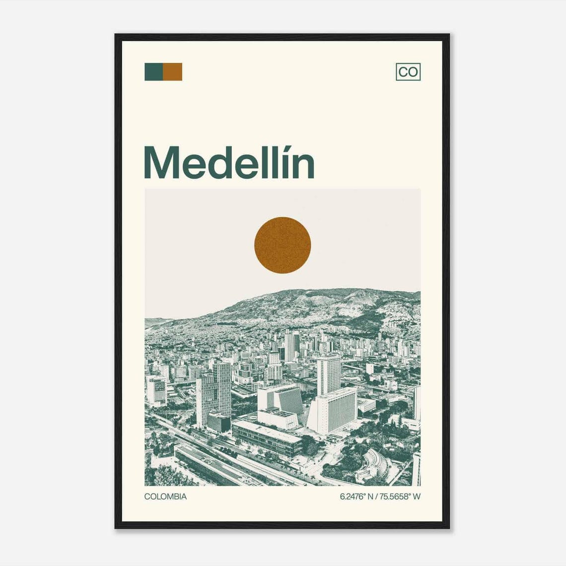 Medellín Colombia Modern Minimalist Mountain Cityscape Art Poster