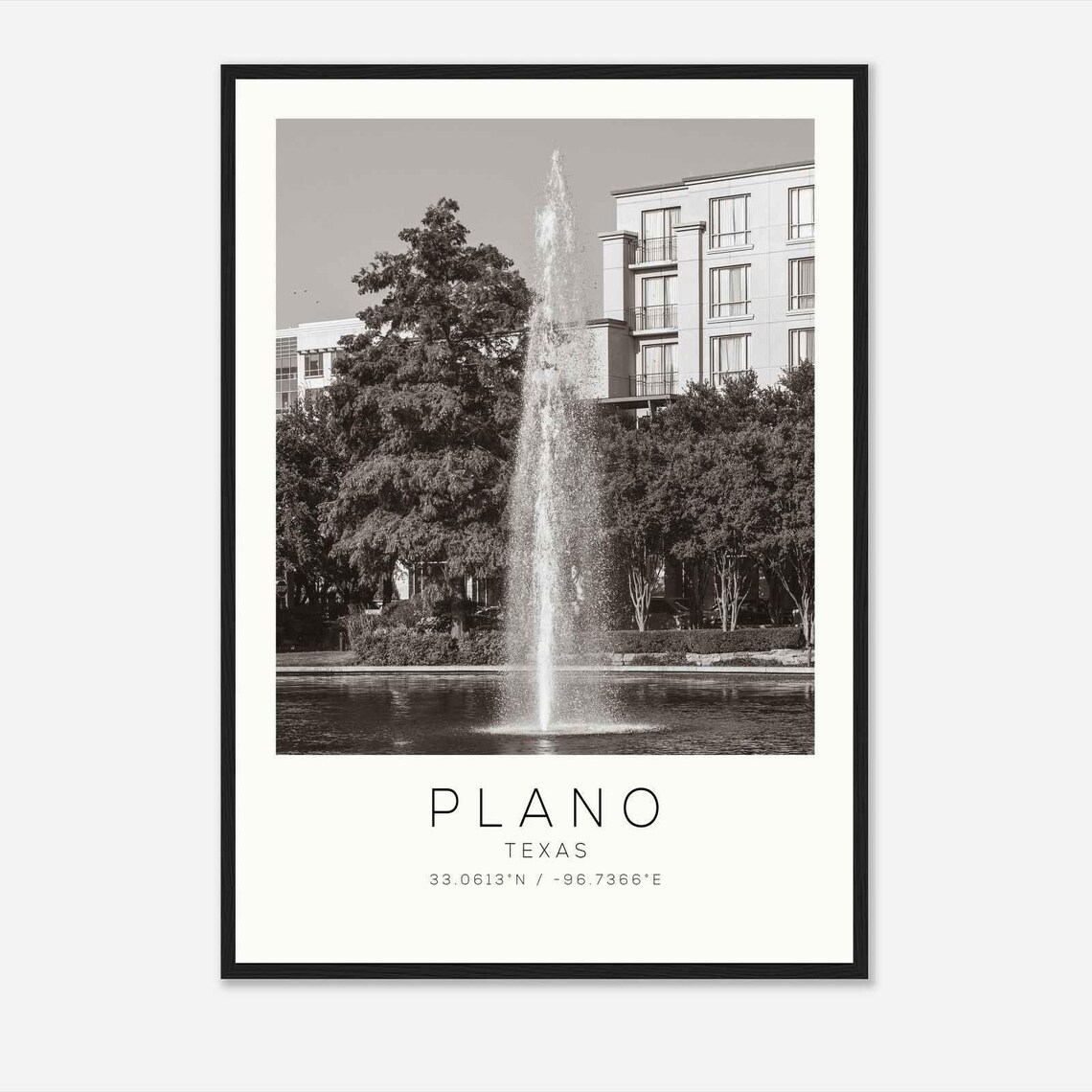Plano Texas Tall City Fountain in a Pond Black and White Photo Poster