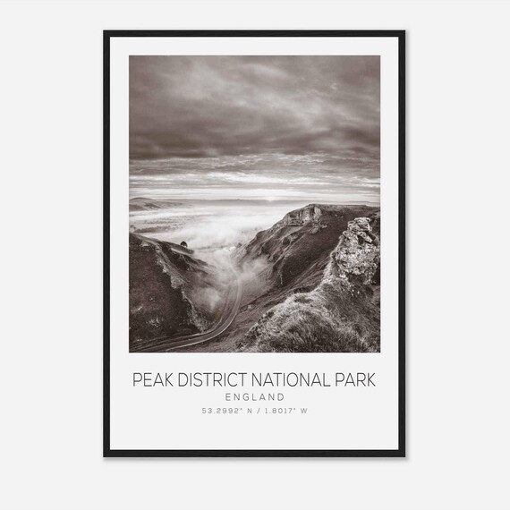 Peak District National Park Misty Hills Black White Photo Poster