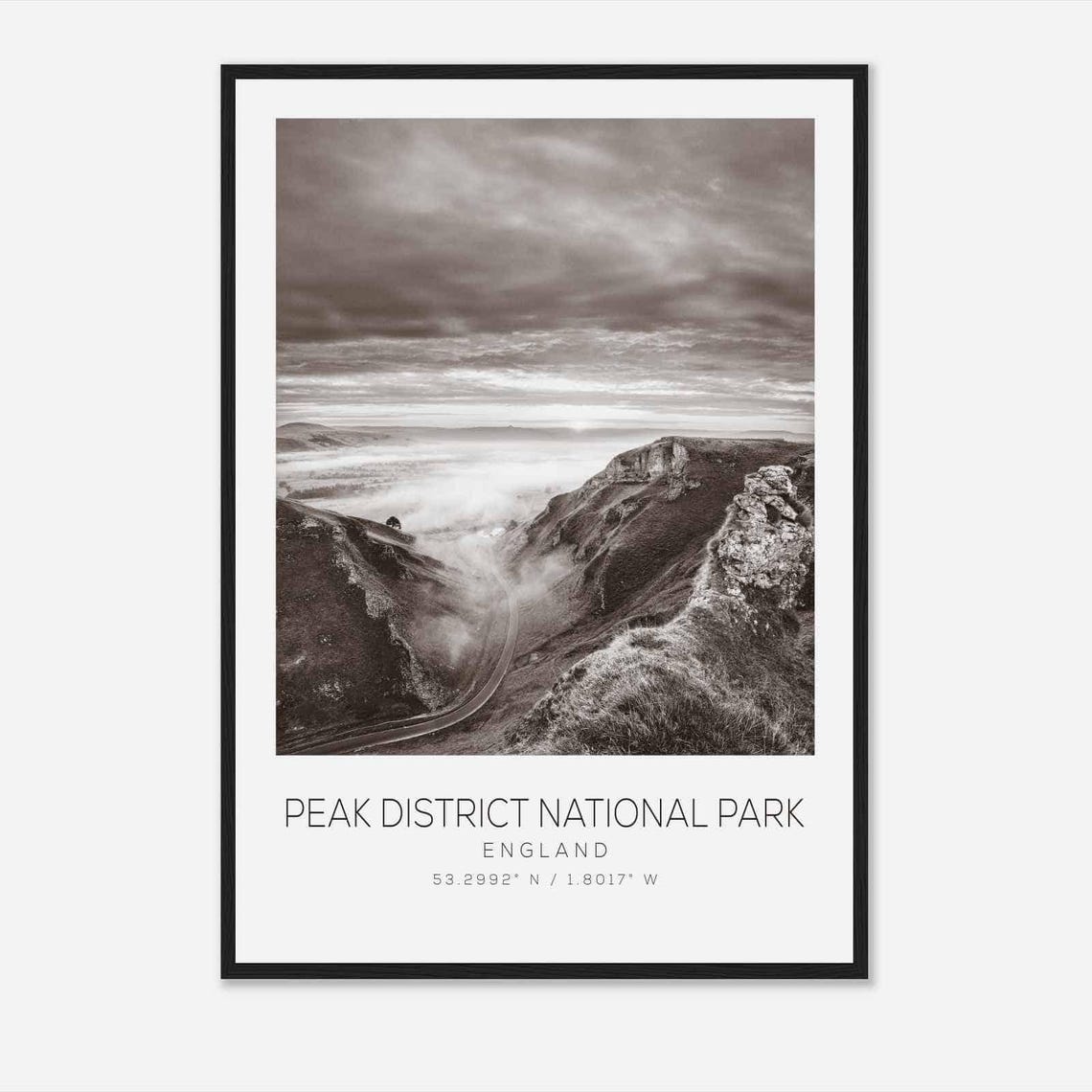 Peak District National Park Misty Hills Black White Photo Poster