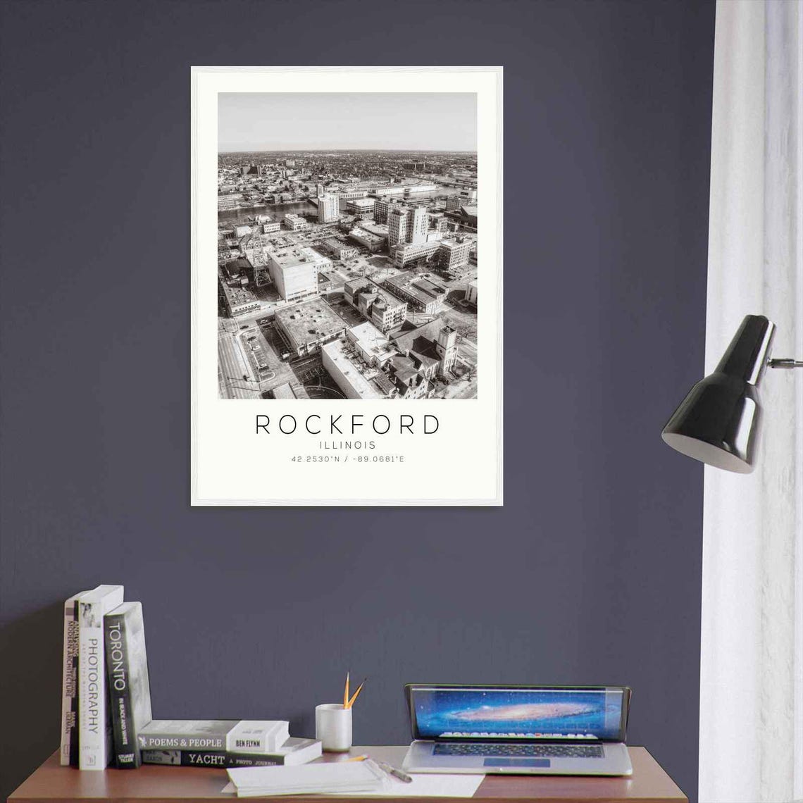 Rockford Illinois Downtown Aerial River View Monochrome Poster - Image 3