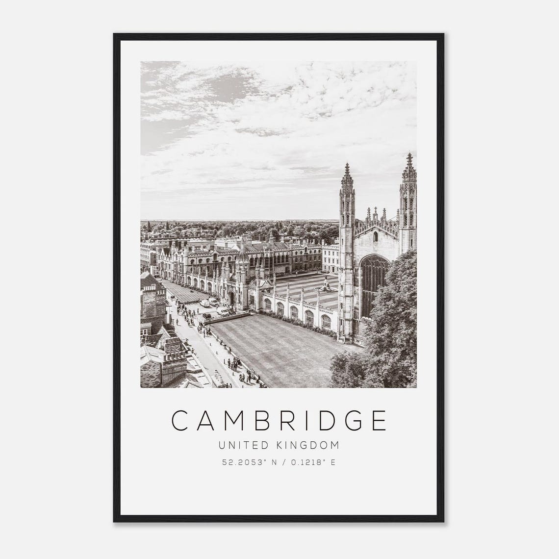 Cambridge England Minimalist Black And White Photo Travel Poster