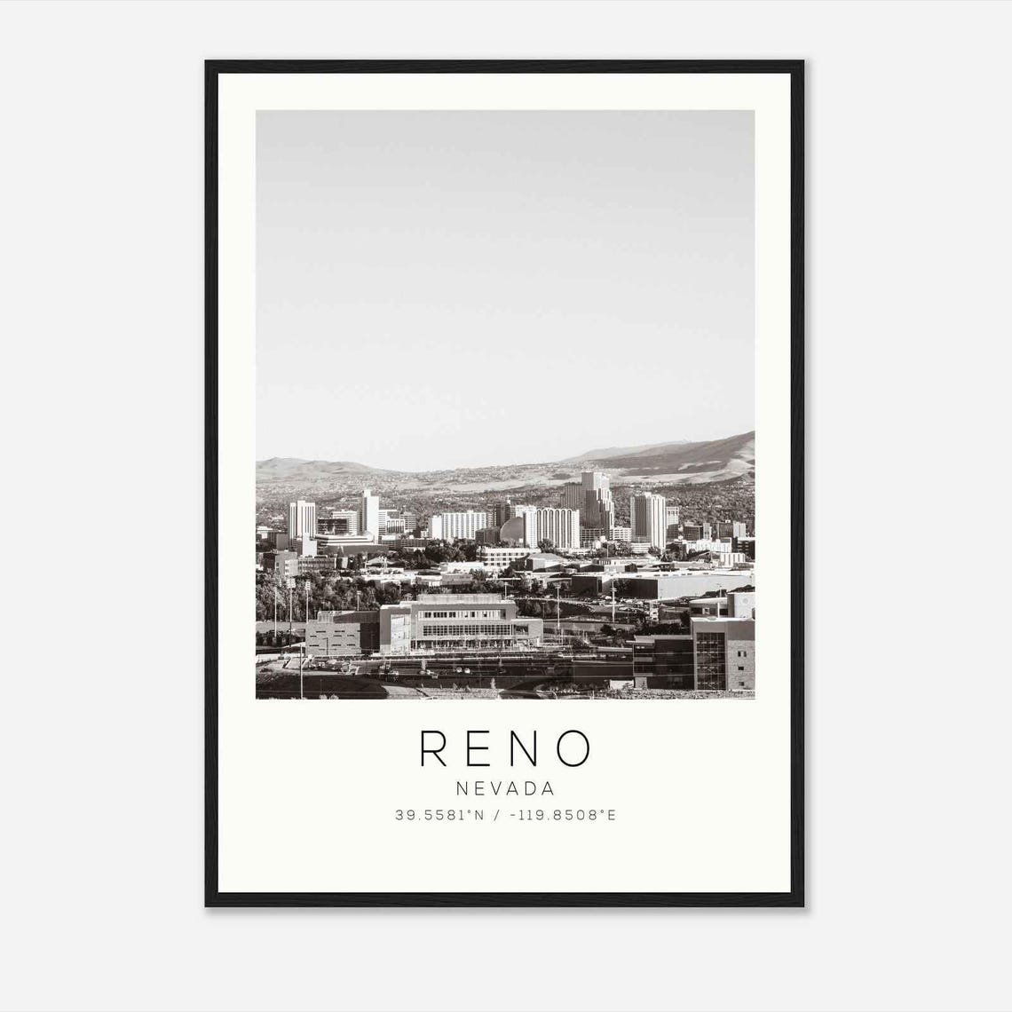 Reno Nevada Wide Panoramic Skyline Black and White Photo Poster