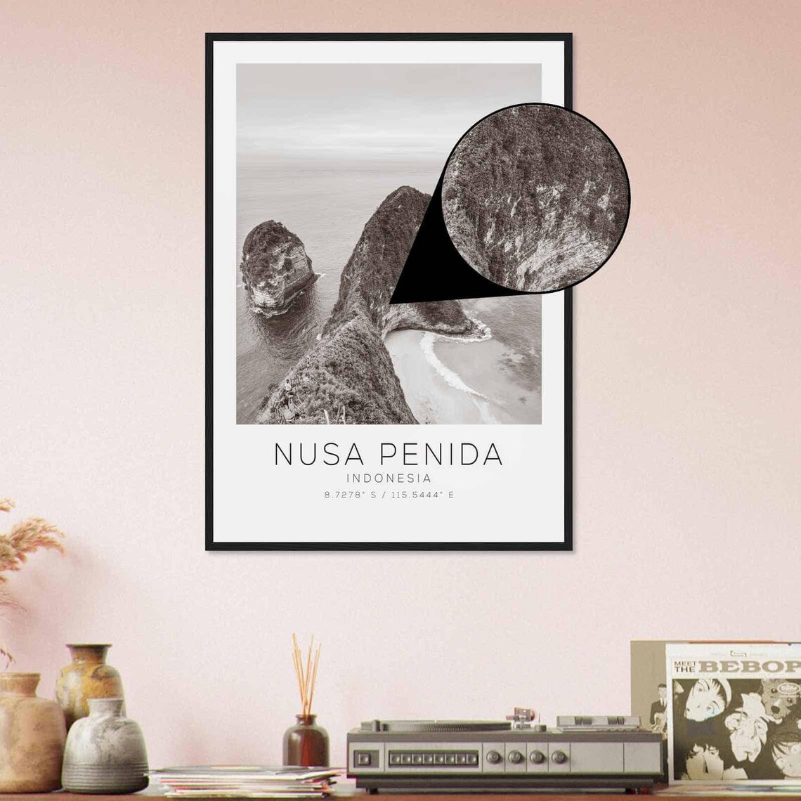 Nusa Penida Indonesia Cliff Beach Aerial Black White Photo Poster - Image 4