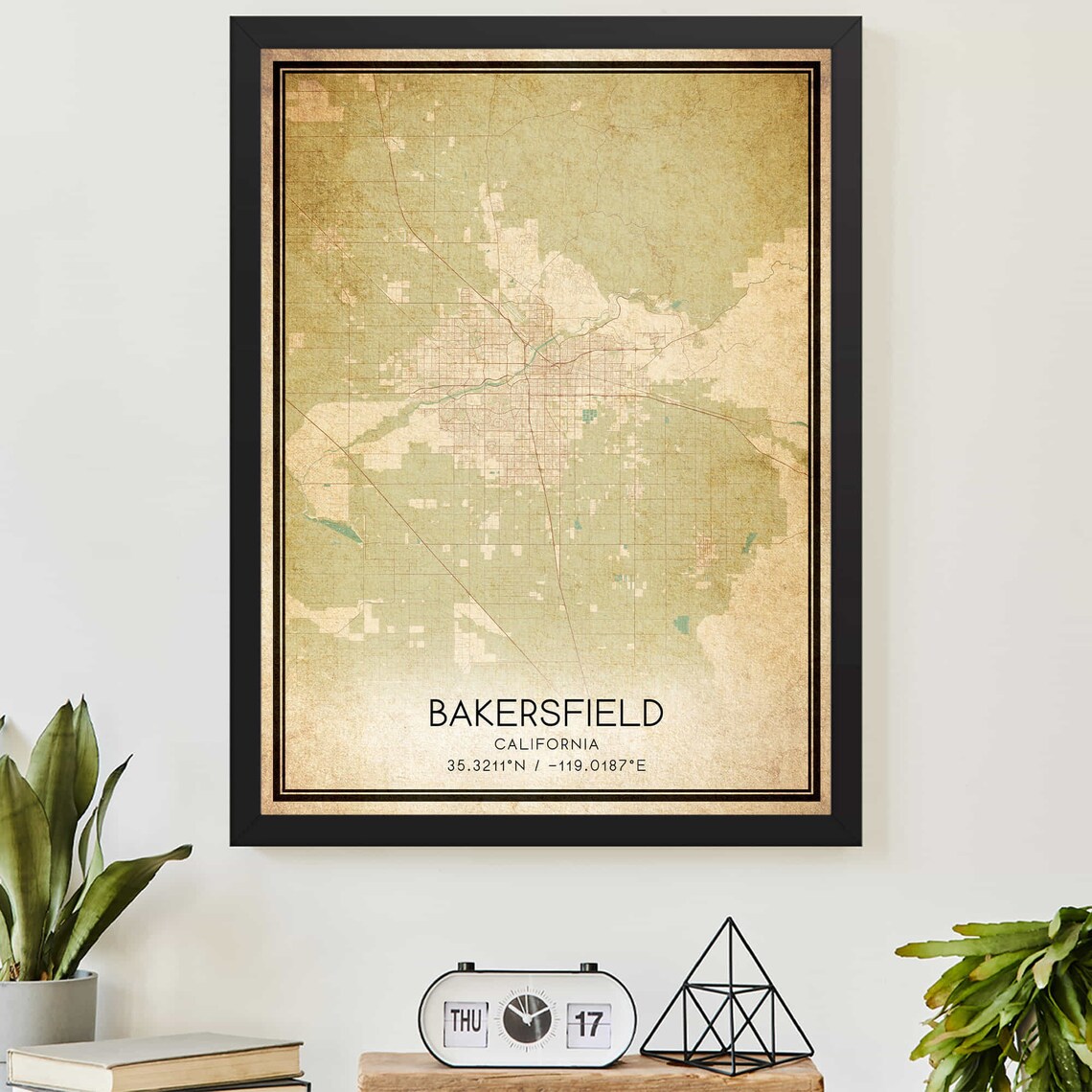 Vintage Bakersfield California Street Map Coordinates Aged Atlas Style Art Poster