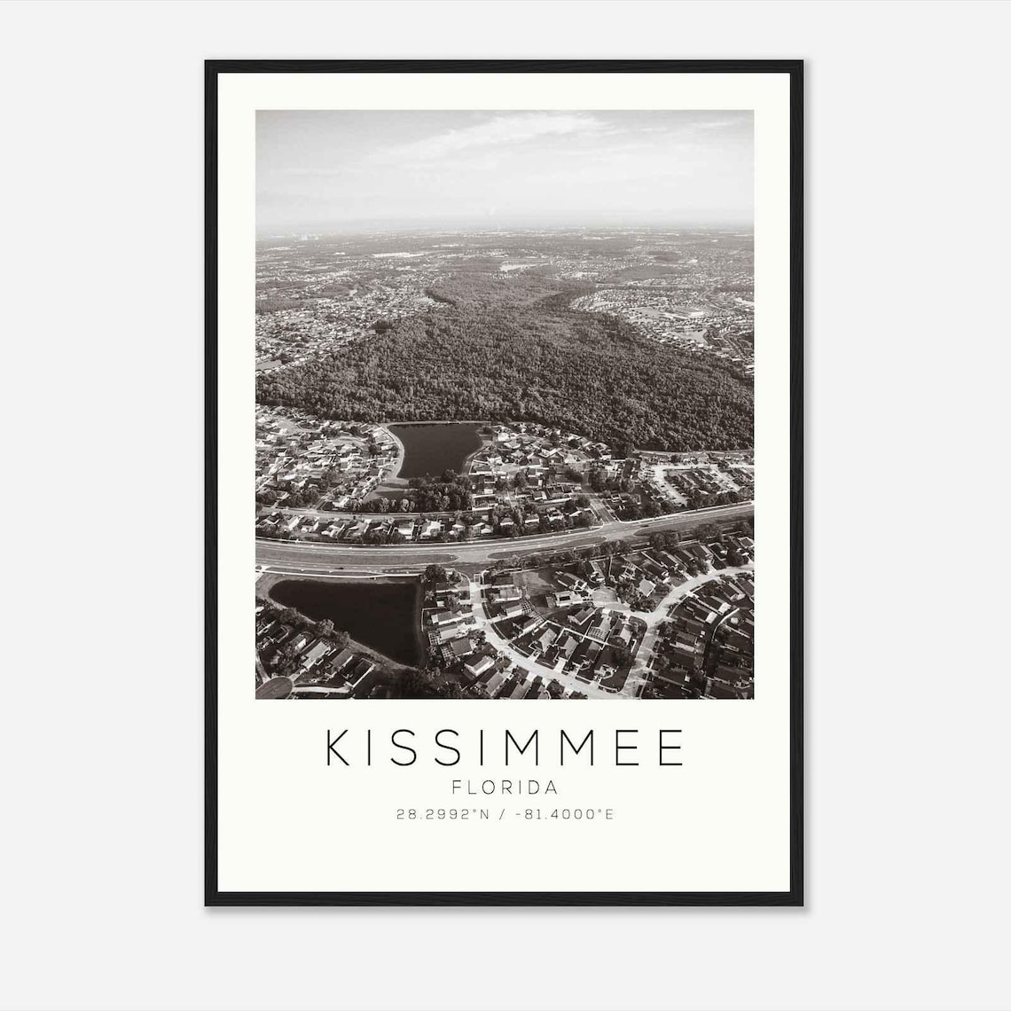 Kissimmee Florida Suburban Lakes Aerial Black White Photo Poster
