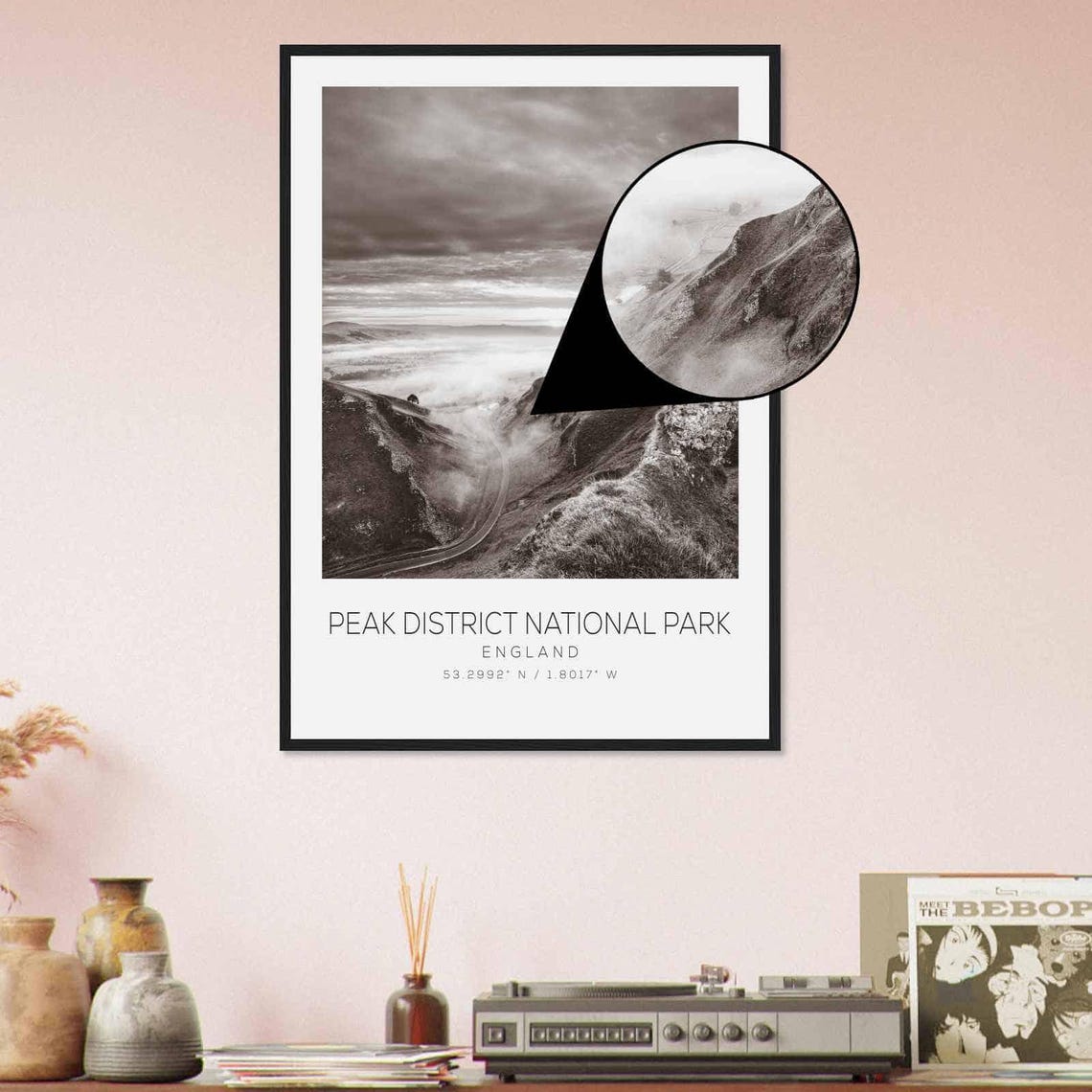 Peak District National Park Misty Hills Black White Photo Poster - Image 4