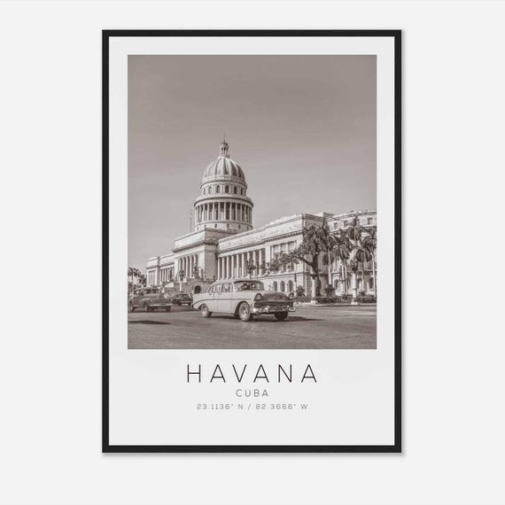 Havana Cuba Black and White Capitol Classic Cars Street Poster