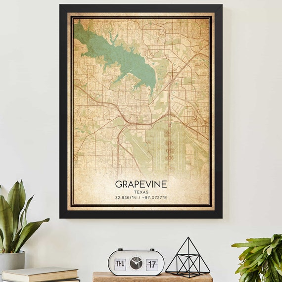 Vintage Grapevine Texas Map Poster, Custom Art