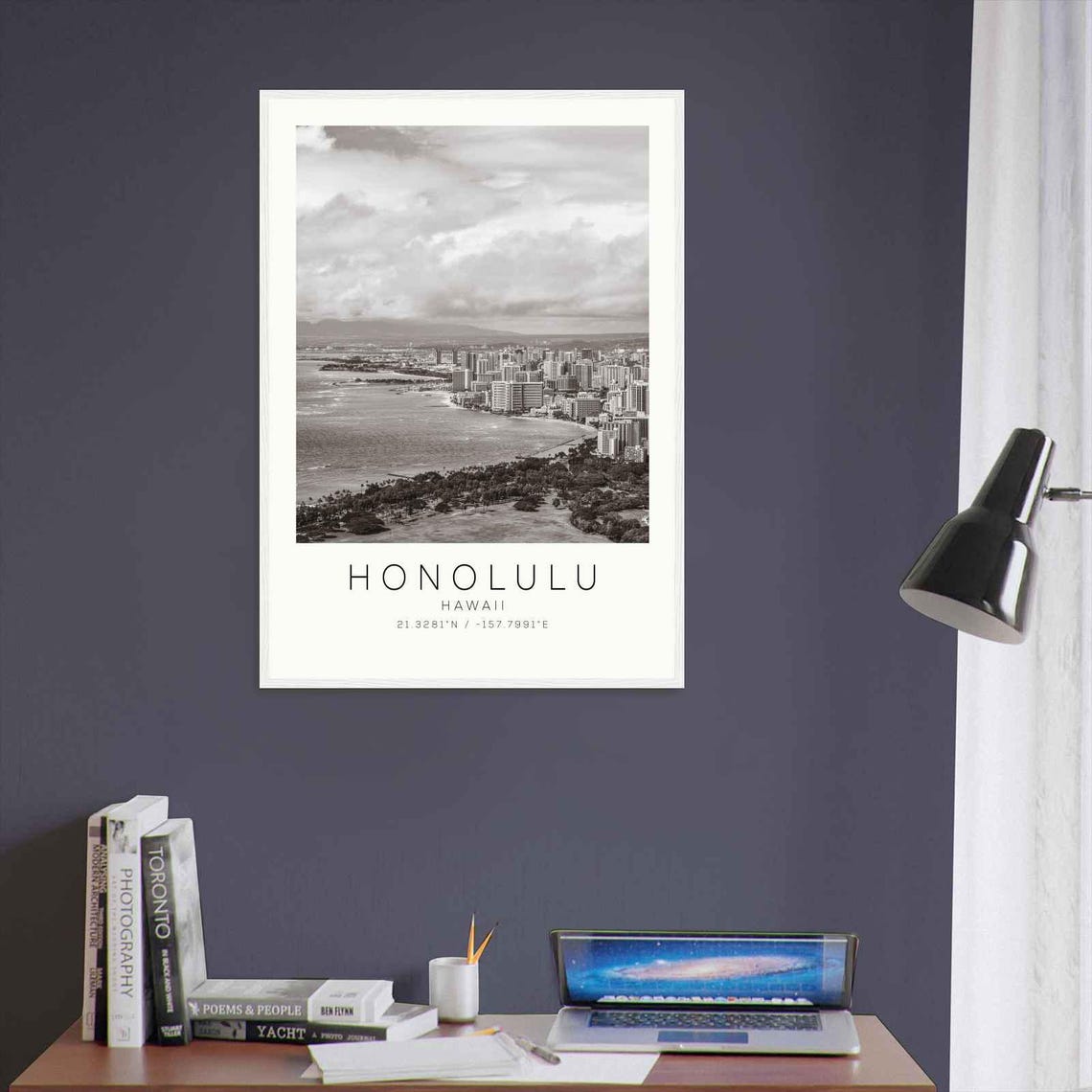 Honolulu Hawaii Waikiki Beach Skyline Aerial Black White Travel Poster - Image 3