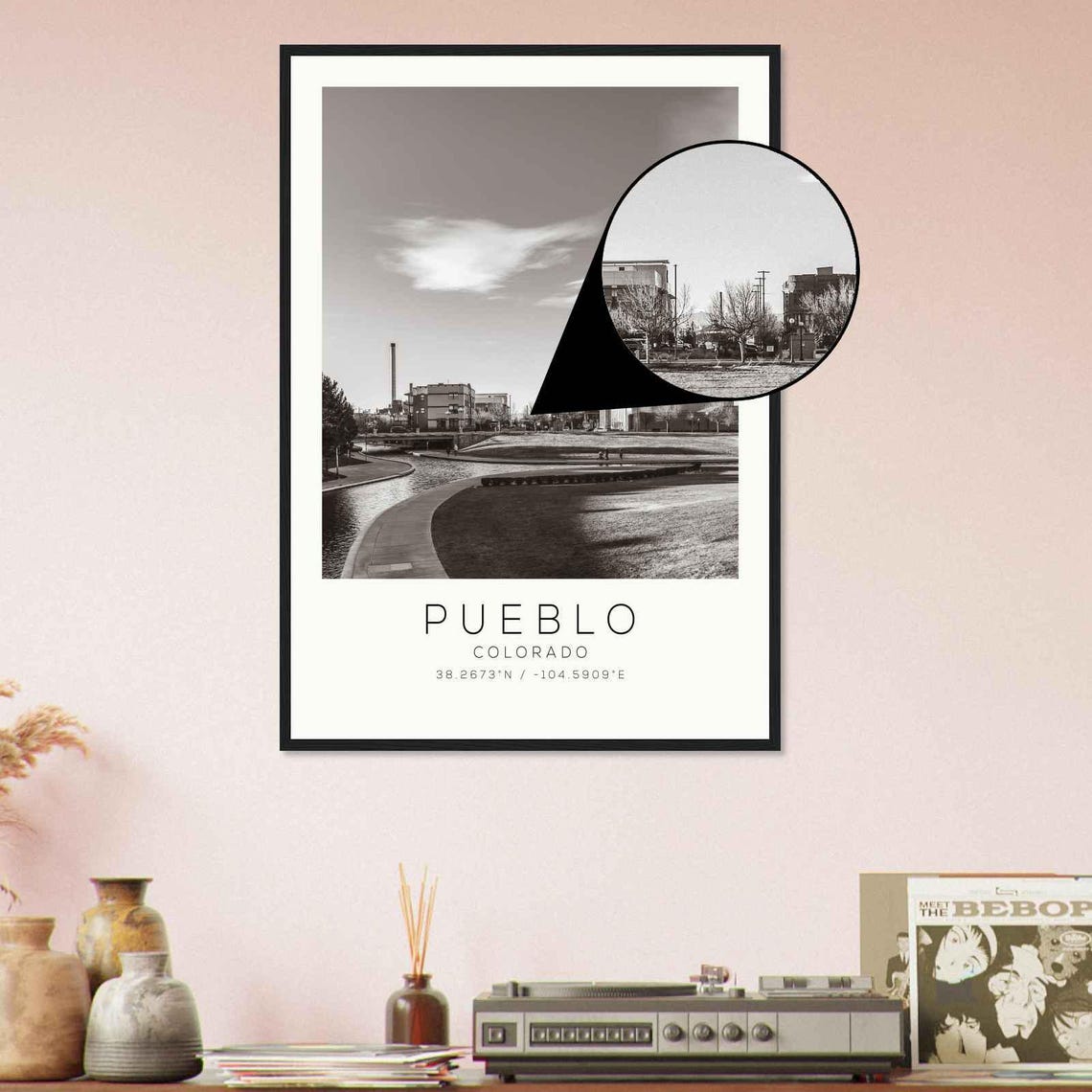 Pueblo Colorado Riverfront Plaza Black and White Photo Poster - Image 4