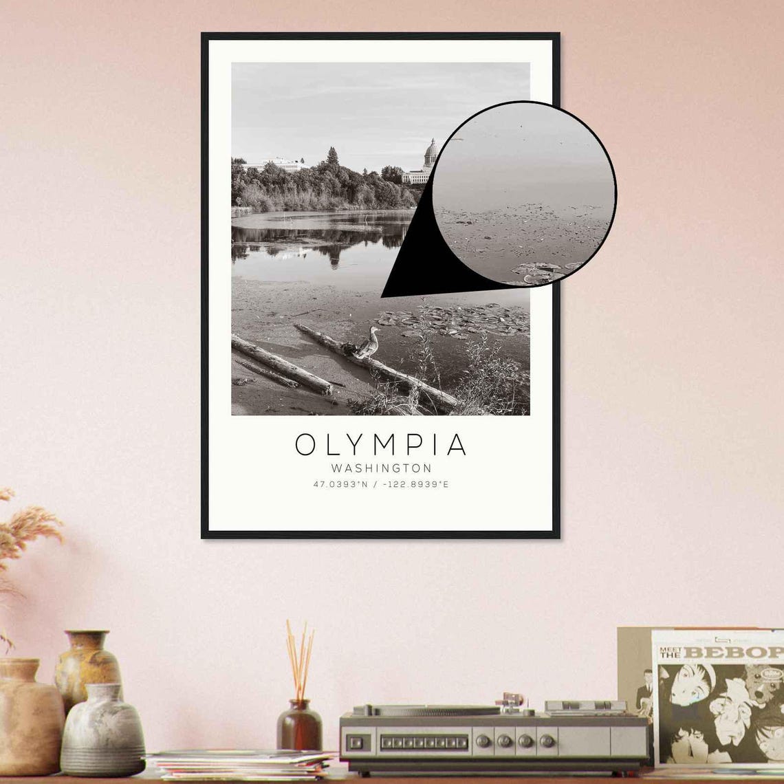 Olympia Washington Capitol Lake Reflection Black and White Poster - Image 4